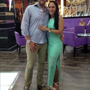 Long green crocheted maxi dress!